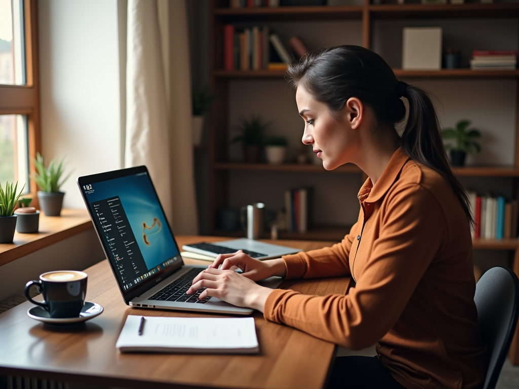 Woman working on laptop in a home office with coffee and plants around.