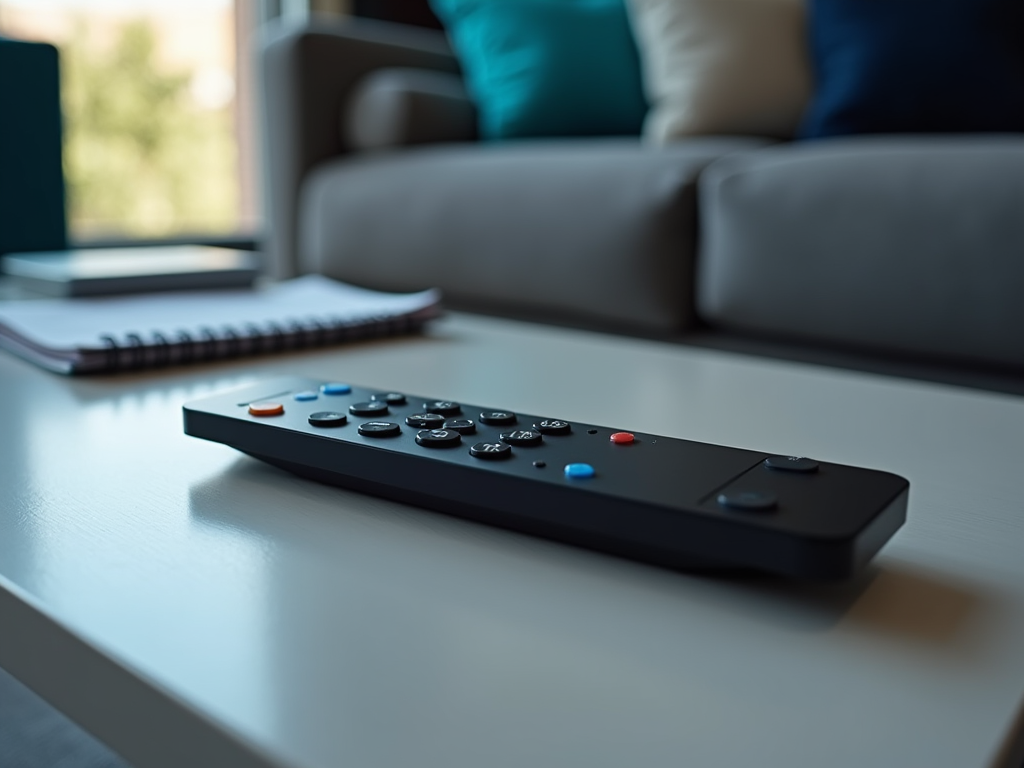 A close-up of a TV remote control on a table with a notebook and a blurred sofa in the background.