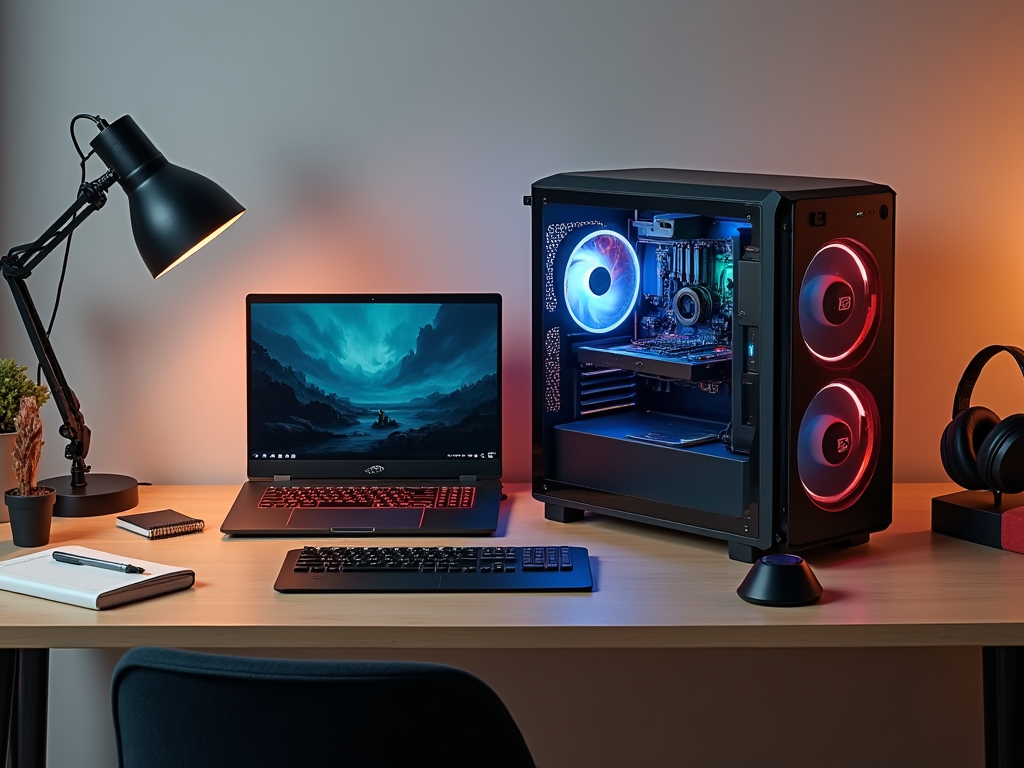 Modern desktop setup featuring a laptop, a gaming PC with RGB lighting, headphones, and a desk lamp.