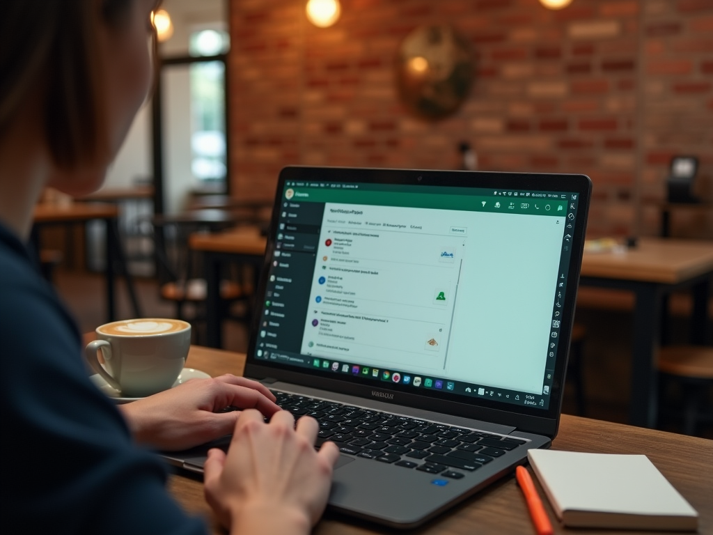 Woman using a laptop in a café, displaying a messaging app, with a coffee cup and notepad on the table.