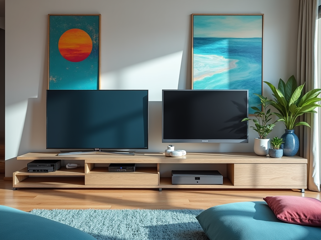 A modern living room with two flat-screen TVs, artworks of a sunset and a beach, and indoor plants.