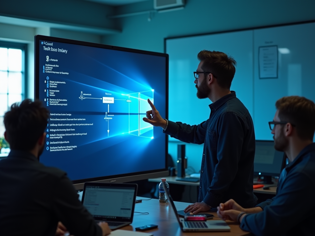 Man presenting a flowchart on a screen to a colleague in a dark office setting.