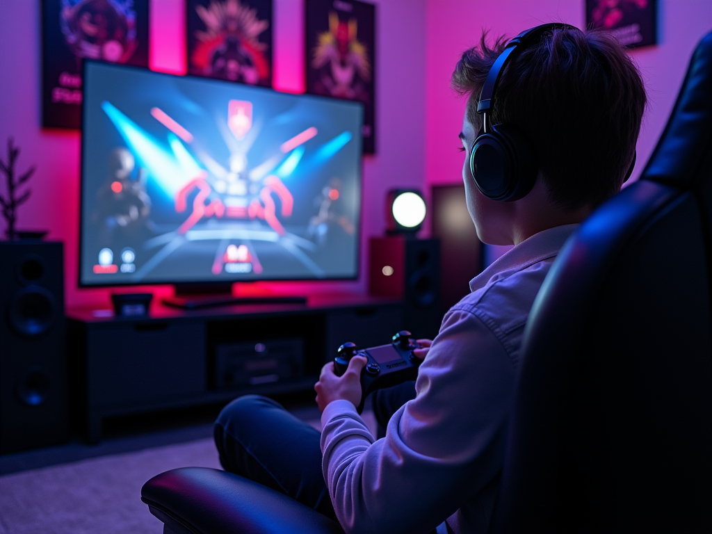 Young person playing a video game with glowing screens and colorful lighting in a home gaming setup.