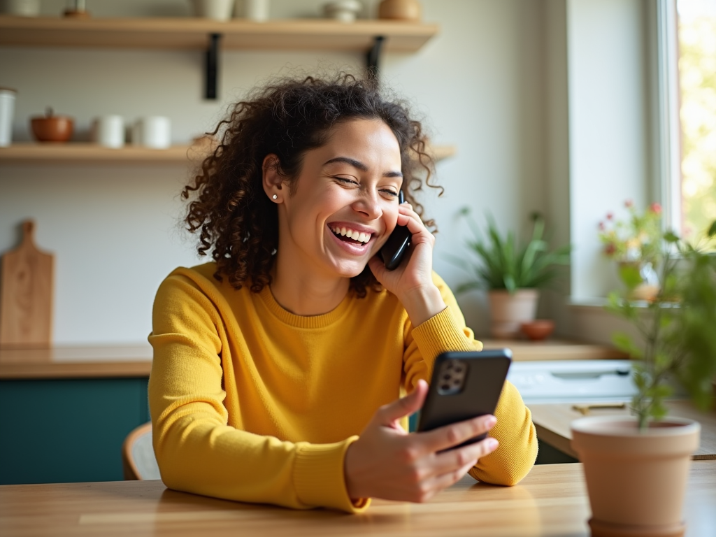 Happy woman in yellow sweater talking on phone and holding smartphone at home.