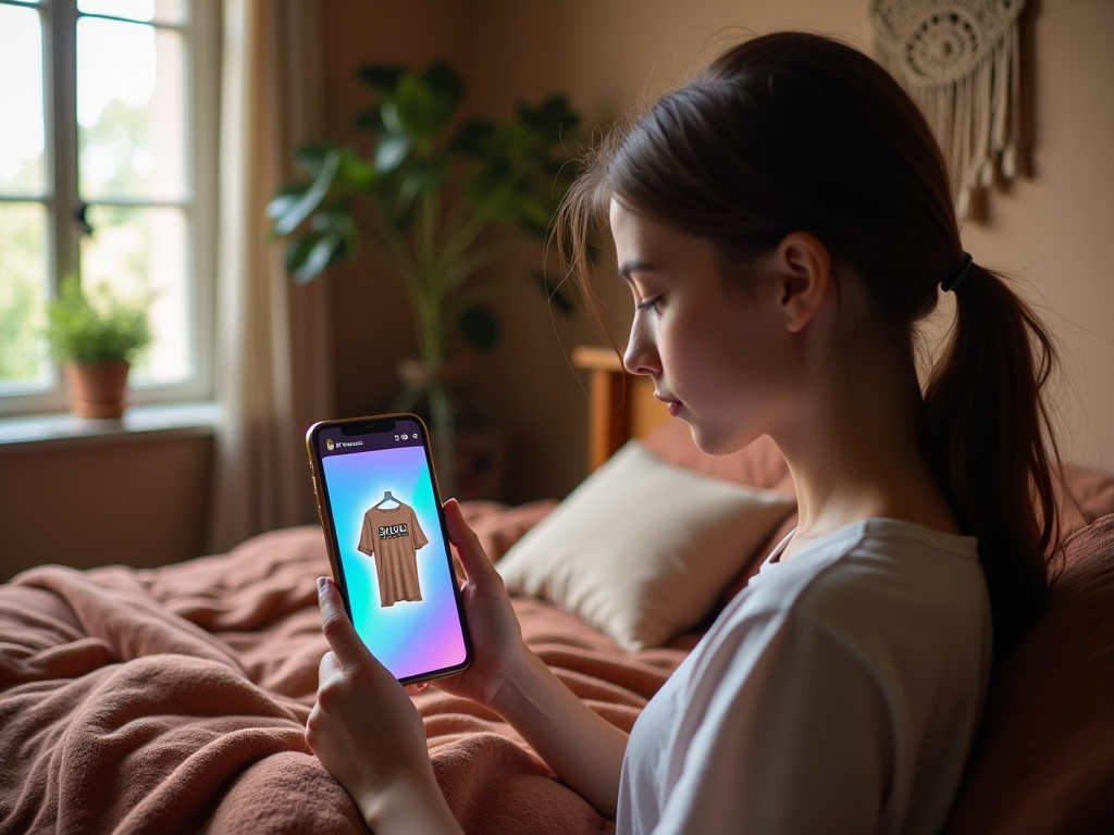 Woman in bed using smartphone with shopping app open, displaying a brown shirt on screen, cozy room with plants.