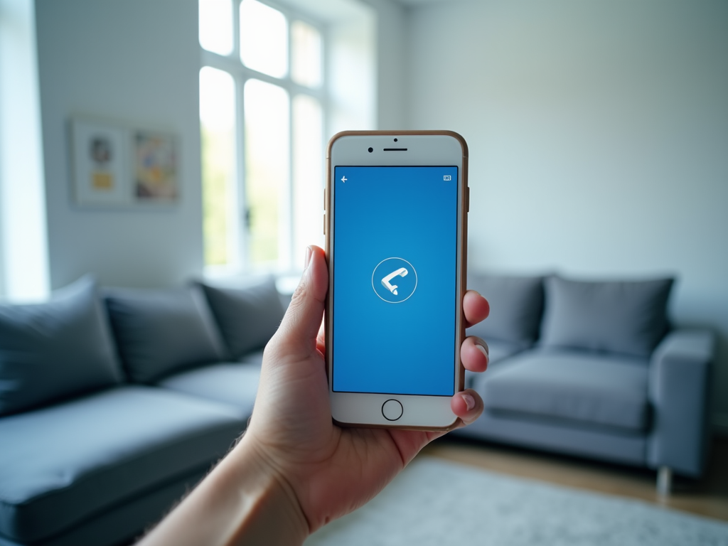 Hand holding a smartphone displaying a blue screen with a white arrow logo, in a modern living room.