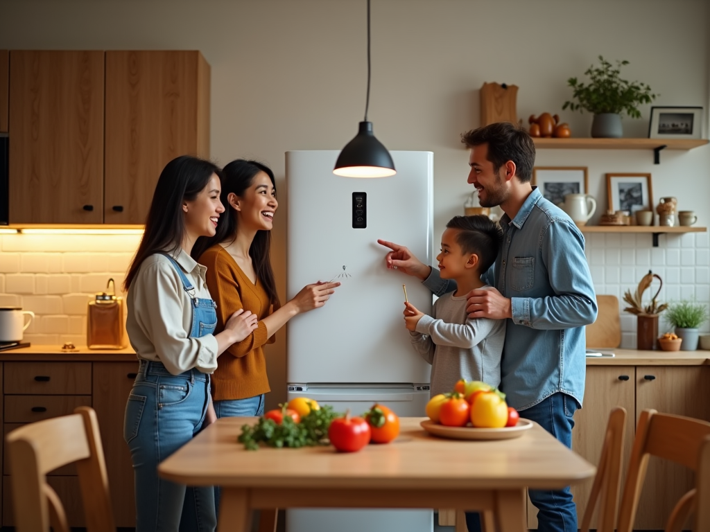 Two women and a man with a child in a kitchen, smiling and looking at a refrigerator.