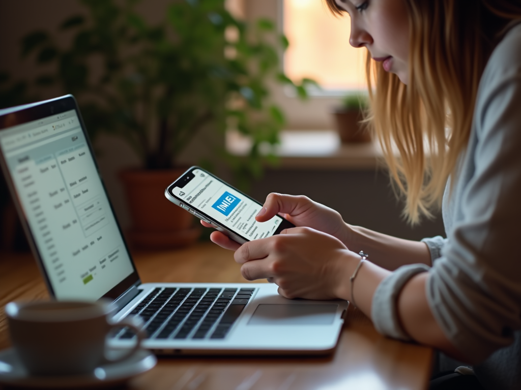 Woman using smartphone and laptop simultaneously at a desk with a coffee cup nearby.