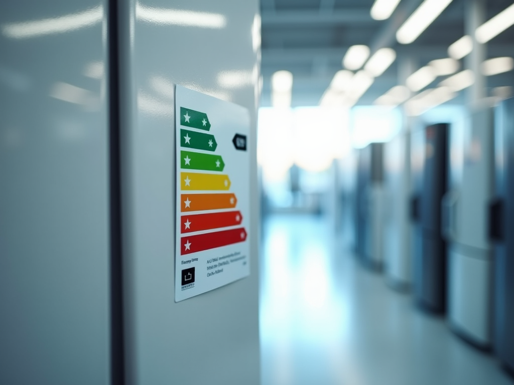 Energy efficiency label with color-coded star ratings on appliance in office hallway, focus on label.