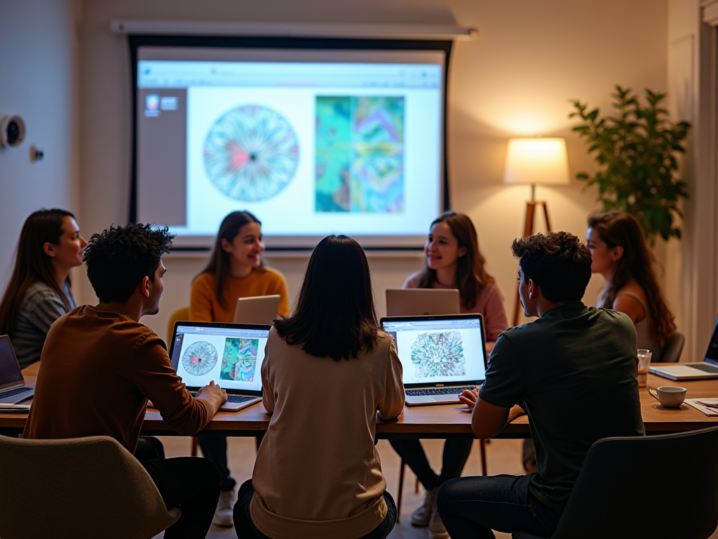 Group of students in a classroom discussing colorful artwork displayed on a large screen.