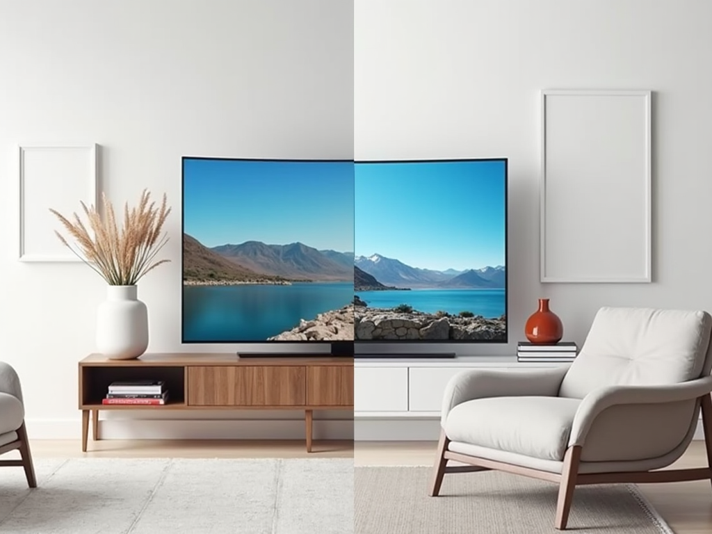 Modern living room with a large screen TV displaying a scenic lake view, flanked by minimalistic decor.