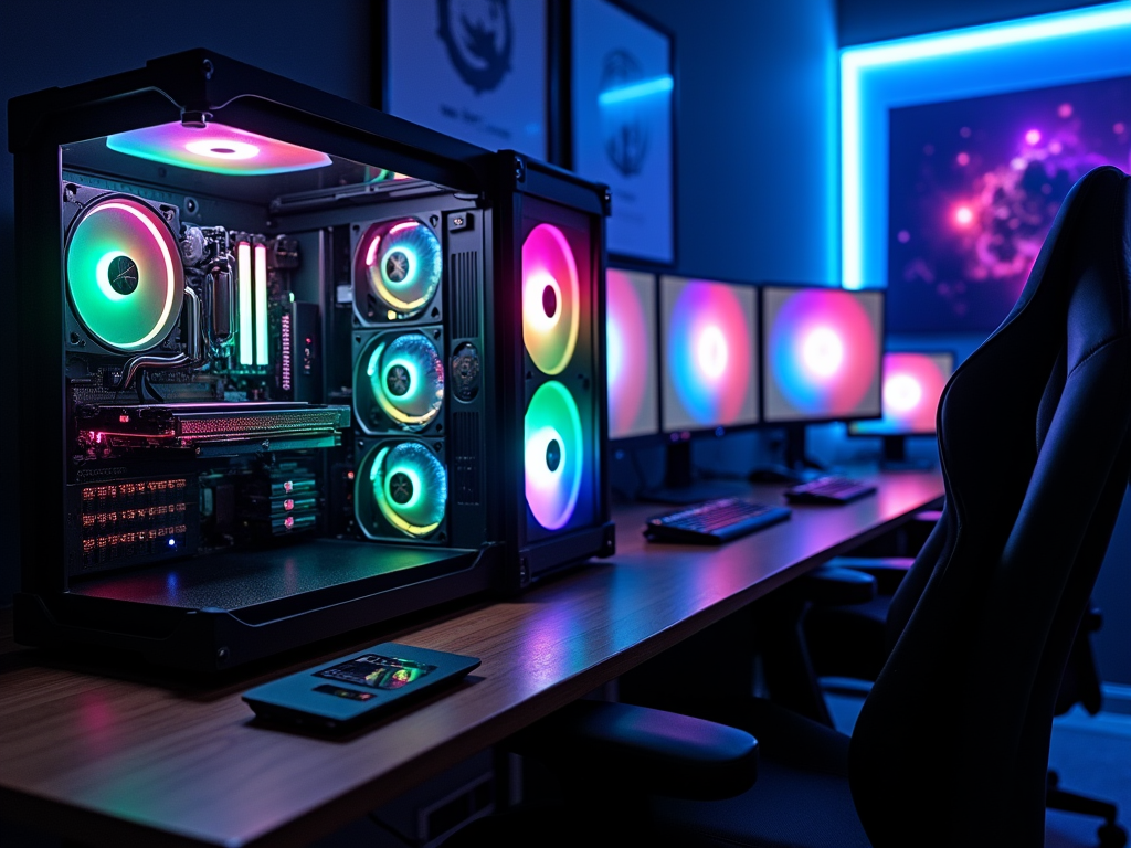 High-tech gaming setup with vibrant RGB lighting and multiple screens in a dark room.